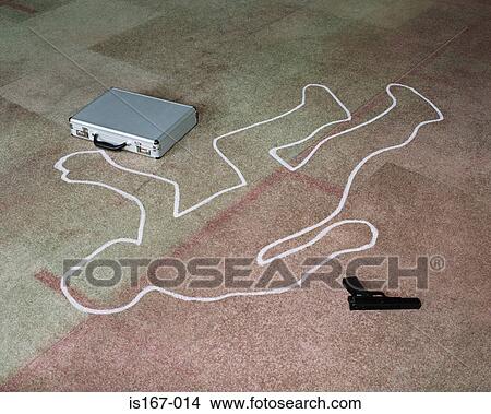 Picture - Chalk outline with gun and briefcase. Fotosearch