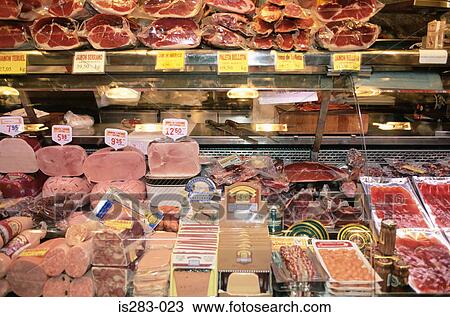 Stock Image - Delicatessen in Barcelona market. Fotosearch