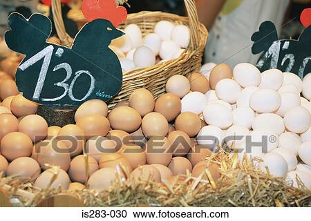 Stock Image - Eggs for sale at La Boqueria market Barcelona. Fotosearch