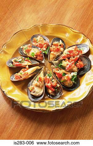 Stock Photograph - Mussels and salsa. Fotosearch