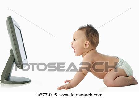 Baby looking at computer monitor View Large Photo Image Stock Photography - Baby looking at computer monitor. Fotosearch