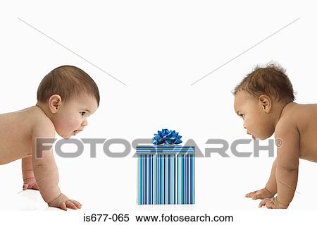 Two babies with a gift box View Large Photo Image Stock Photography - Two babies with a gift box. Fotosearch