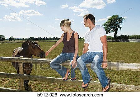 Couple sitting on a fence with horse View Large Photo Image Stock Photo - Couple sitting on a fence with horse. Fotosearch