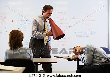 Ceo shouting at sleeping colleague View Large Photo Image Stock Image - Ceo shouting at sleeping colleague. Fotosearch