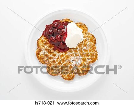 Waffle with cherries and cream View Large Photo Image Stock Image - Waffle with cherries and cream. Fotosearch