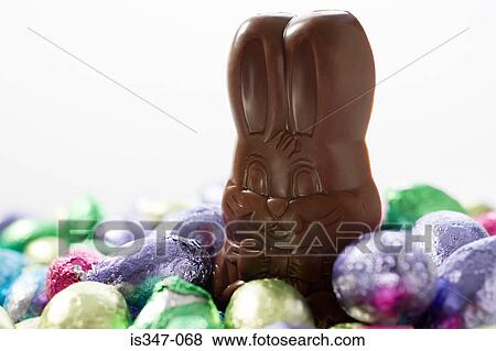 Chocolate rabbit and eggs View Large Photo Image Stock Photo - Chocolate rabbit and eggs. Fotosearch