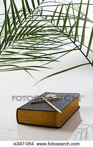 Picture - Palm leaf crucifix and bible. Fotosearch
