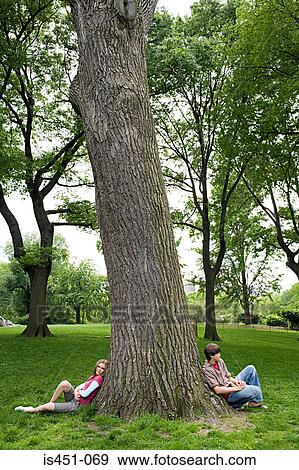 Stock Photo - Teenagers sitting against a tree. Fotosearch