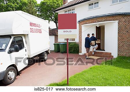 Removal men arriving at new house View Large Photo Image Stock Photo - Removal men arriving at new house. Fotosearch