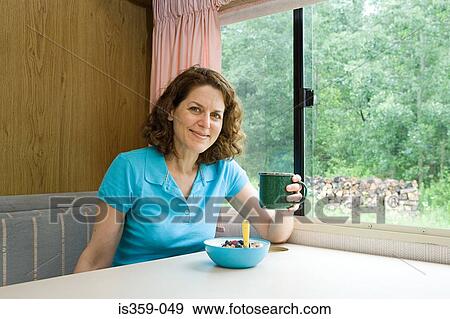 Woman having breakfast in a caravan View Large Photo Image Stock Photo - Woman having breakfast in a caravan. Fotosearch