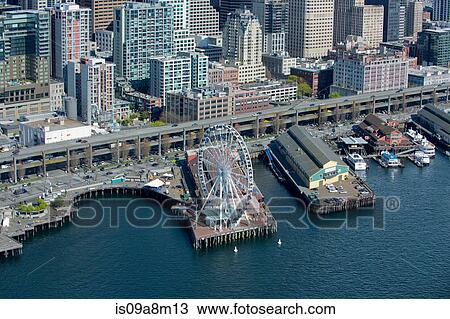 Aerial view of ferris wheel and waterfront, Seattle, Washington State, USA View Large Photo Image Stock Image - Aerial view of ferris wheel and waterfront, Seattle, Washington State, USA. Fotosearch