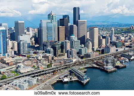Stock Photo - Aerial view of Seattle waterfront and ferris wheel, Washington State, USA. Fotosearch