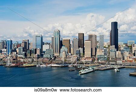 Stock Photo - Aerial view of Seattle waterfront, Washington State, USA. Fotosearch