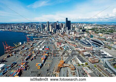 Aerial view of shipping harbour, Seattle, Washington State, USA View Large Photo Image Stock Photograph - Aerial view of shipping harbour, Seattle, Washington State, USA. Fotosearch
