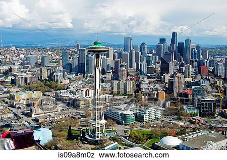 Stock Photo - Aerial view of space needle Seattle, Washington State, USA. Fotosearch