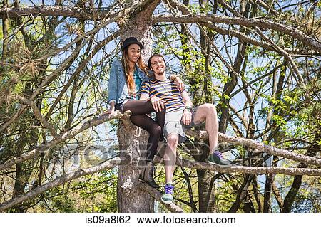 Couple sitting in tree, portrait View Large Photo Image Stock Image - Couple sitting in tree, portrait. Fotosearch