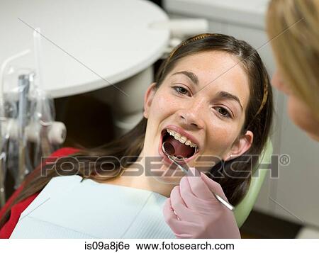 Stock Image - Dentist examining young woman's teeth. Fotosearch