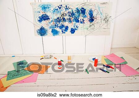 Stock Image - Empty playroom with hand painting on wall. Fotosearch