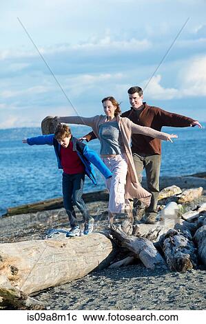 Stock Image - Family walking across tree trunk at coast. Fotosearch