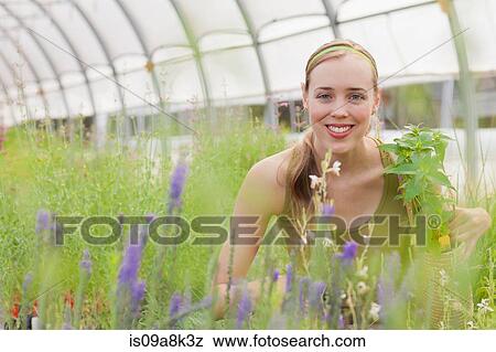 Mid adult woman with flowers and plants in garden centre, portrait View Large Photo Image Stock Photo - Mid adult woman with flowers and plants in garden centre, portrait. Fotosearch