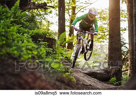 Stock Photography - Mountain biker riding through woods. Fotosearch