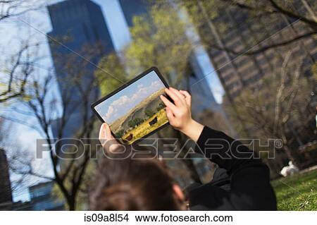 Woman in city park looking at digital tablet screen View Large Photo Image Picture - Woman in city park looking at digital tablet screen. Fotosearch