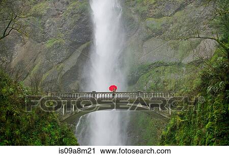 Stock Image - Woman with red umbrella in front of Multnomah Falls, Columbia River Gorge, USA. Fotosearch