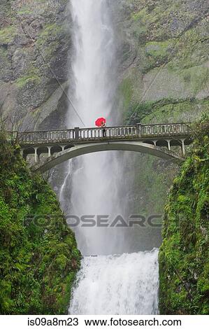 Woman with red umbrella on footbridge over Multnomah Falls, Columbia River Gorge, USA View Large Photo Image Stock Image - Woman with red umbrella on footbridge over Multnomah Falls, Columbia River Gorge, USA. Fotosearch