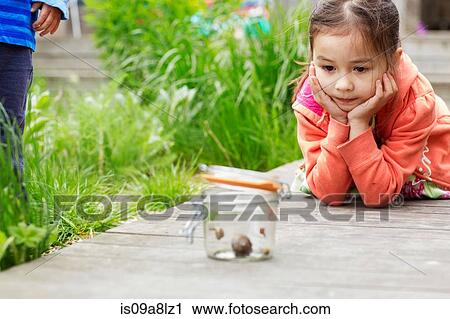 Young girl in garden watching jar of snails View Large Photo Image Stock Image - Young girl in garden watching jar of snails. Fotosearch