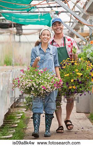 Young woman and mature man walking with hanging baskets in garden centre View Large Photo Image Stock Photo - Young woman and mature man walking with hanging baskets in garden centre. Fotosearch