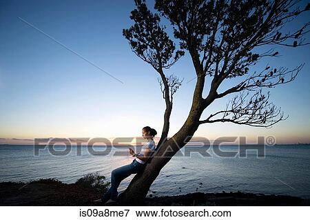 Stock Photo - Young woman leaning on tree at dusk. Fotosearch