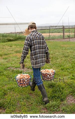 Stock Photography - Boy carrying two baskets of eggs. Fotosearch