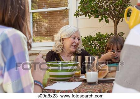 Family having breakfast outdoors View Large Photo Image Stock Image - Family having breakfast outdoors. Fotosearch