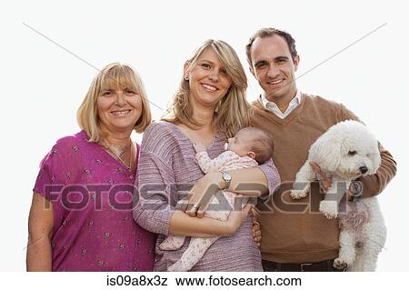 Portrait of three generation family with newborn baby girl and dog View Large Photo Image Stock Photo - Portrait of three generation family with newborn baby girl and dog. Fotosearch