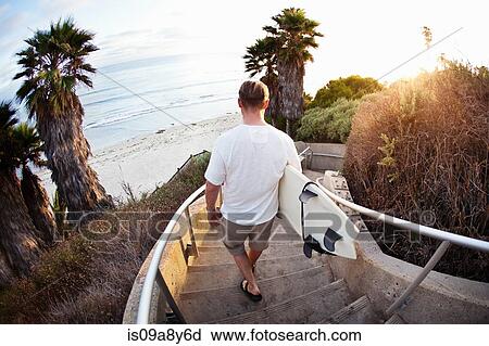Surfer walking downstairs to beach View Large Photo Image Stock Image - Surfer walking downstairs to beach. Fotosearch
