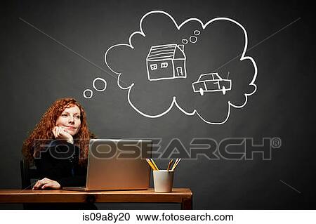 Stock Image - Woman dreaming of new house and car. Fotosearch