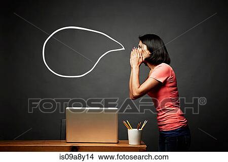 Picture - Woman shouting empty speech bubble. Fotosearch