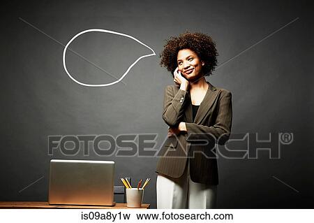 Stock Photo - Woman smiling and speechless. Fotosearch