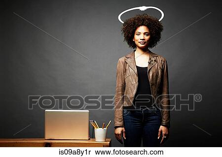 Woman with imaginary angel halo View Large Photo Image Stock Photography - Woman with imaginary angel halo. Fotosearch