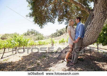 Stock Photograph - Young couple holding hands by tree in vineyard. Fotosearch