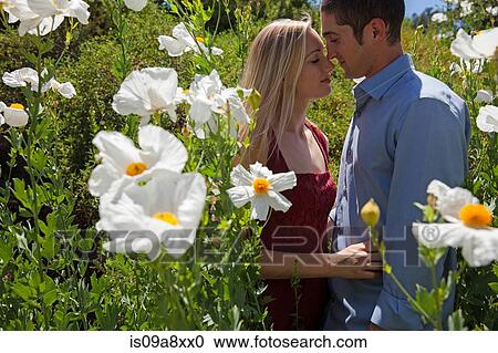 Young couple in field with white flowers View Large Photo Image Stock Image - Young couple in field with white flowers. Fotosearch