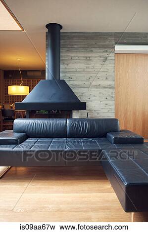 Black leather sofa in living room View Large Photo Image Stock Photo - Black leather sofa in living room. Fotosearch