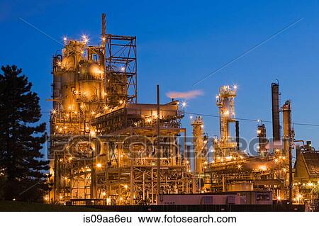 Gas and oil refinery at dusk, Montreal, Quebec, Canada View Large Photo Image Stock Photograph - Gas and oil refinery at dusk, Montreal, Quebec, Canada. Fotosearch
