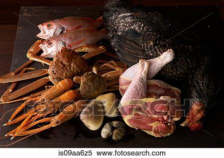 Still life with selection of seafood and chicken View Large Photo Image Stock Photography - Still life with selection of seafood and chicken. Fotosearch