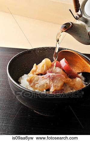 Stock Photo - Still life with steamed white rice and meat. Fotosearch