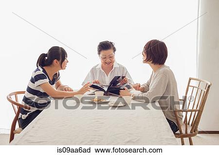 Stock Image - Three generation family looking at photograph album. Fotosearch
