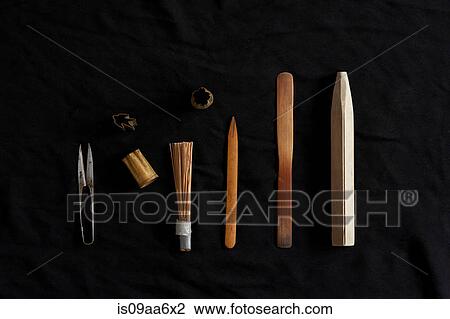 Stock Image - Traditional Japanese tools on black background. Fotosearch