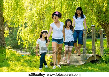 Stock Photo - Woman and three girls on wooden footbridge in park. Fotosearch