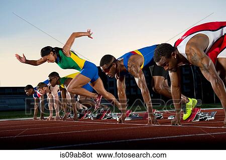 False start in race, woman running against men View Large Photo Image Stock Photograph - False start in race, woman running against men. Fotosearch