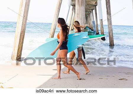 Female friends on beach with surf boards, Hermosa Beach, California, USA View Large Photo Image Stock Image - Female friends on beach with surf boards, Hermosa Beach, California, USA. Fotosearch